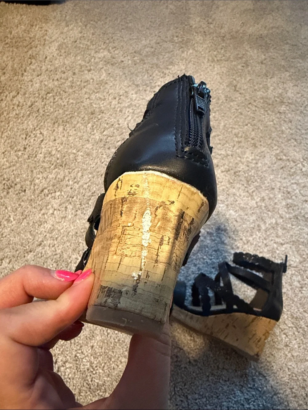 Girls Black Scalloped Strappy Wedge Sandals - Size 12